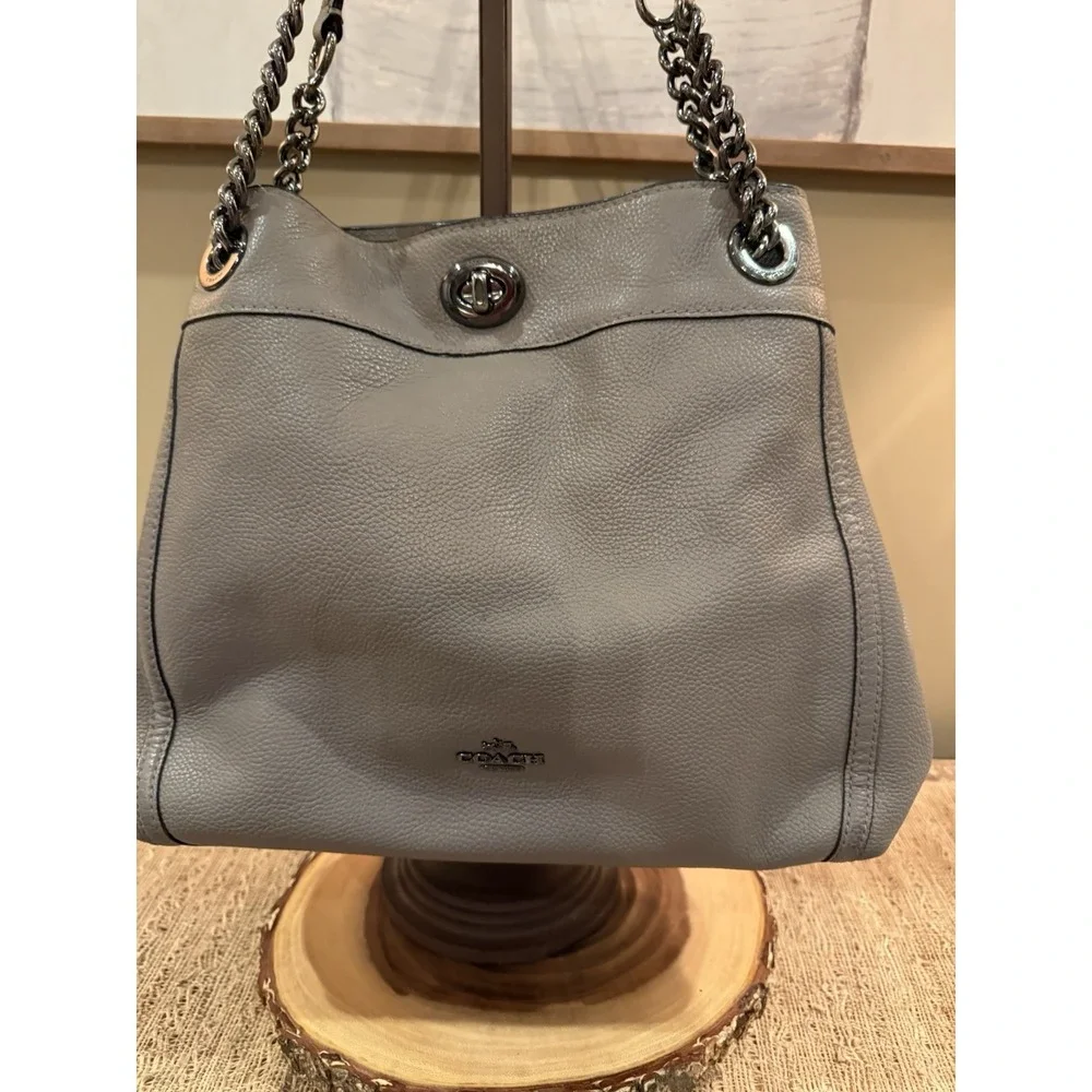 COACH Edie Grey Pebbled Leather Turnlock Shoulder Hand Bag Purse 3‎ Compartment - Picture 4 of 14